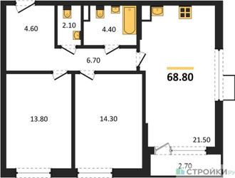 Планировка двухкомнатной(квартира) площадью 68.8 квадратных метров в ЖК “ЖК Прокшино”