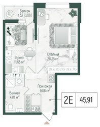 Планировка однокомнатной(квартира) площадью 47.44 квадратных метров в ЖК “ЖК Рига Хиллс”