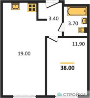 Планировка однокомнатной(квартира) площадью 38 квадратных метров в “ЖК Новый Зеленоград”
