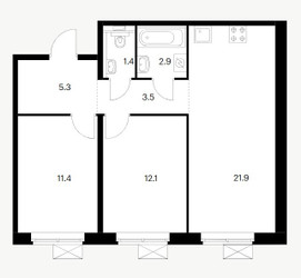 Планировка двухкомнатной(квартира) площадью 58.5 квадратных метров в ЖК “ЖК Белая Дача парк”