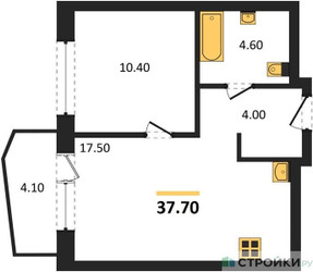 Планировка однокомнатной(квартира) площадью 37.7 квадратных метров в ЖК “ЖК "Коллекция"”