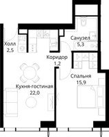 Планировка однокомнатной(квартира) площадью 46.9 квадратных метров в “ЖК Сити Бэй”
