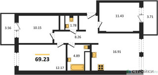 Планировка трехкомнатной(квартира) площадью 69.23 квадратных метров в “ЖК ВОСТОК II”