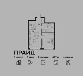 Планировка двухкомнатной(квартира) площадью 48.7 квадратных метров в ЖК “ЖК PRIDE (Прайд)”