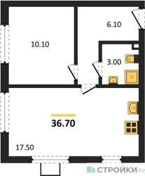 Планировка однокомнатной(квартира) площадью 36.7 квадратных метров в ЖК “ЖК Лучи-2”