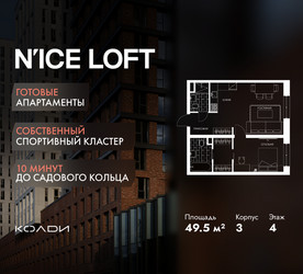 Планировка двухкомнатной(апартаменты) площадью 49.5 квадратных метров в ЖК “ЖК N’ICE LOFT (Найс Лофт)”