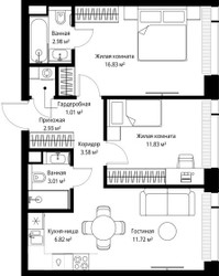 Планировка двухкомнатной(квартира) площадью 60.71 квадратных метров в ЖК “ЖК Веер”