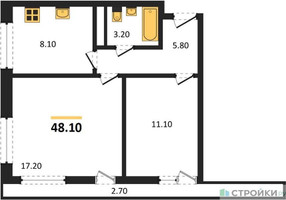 Планировка двухкомнатной(квартира) площадью 48.1 квадратных метров в “ЖК Южная Долина”