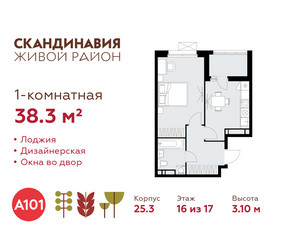 Планировка однокомнатной(квартира) площадью 38.3 квадратных метров в ЖК “ЖК Скандинавия”