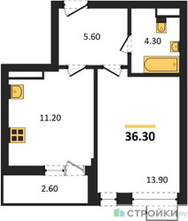 Планировка однокомнатной(квартира) площадью 36.3 квадратных метров в ЖК “ЖК Родные кварталы”