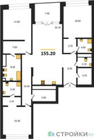 Планировка трехкомнатной(квартира) площадью 155.2 квадратных метров в “Клубный дом РЕКА”