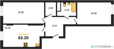 Планировка двухкомнатной(квартира) площадью 63.2 квадратных метров в ЖК “ЖК Переделкино Ближнее”