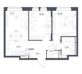 Планировка двухкомнатной(квартира) площадью 50.9 квадратных метров в ЖК “ЖК Большое Путилково”