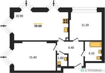 Планировка двухкомнатной(квартира) площадью 59.6 квадратных метров в ЖК “ЖК Wave (Вейв)”