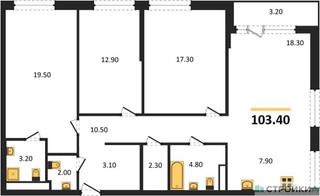 Планировка трехкомнатной(квартира) площадью 103.4 квадратных метров в “ЖК Дом на Зорге”