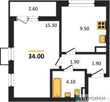 Планировка однокомнатной(квартира) площадью 34 квадратных метров в “ЖК Прокшино”