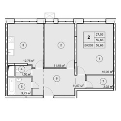 Планировка двухкомнатной(квартира) площадью 59.7 квадратных метров в ЖК “ЖК Экоград Новый Катуар”