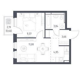Планировка однокомнатной(квартира) площадью 33.46 квадратных метров в ЖК “ЖК Новое Видное”