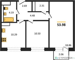 Планировка двухкомнатной(квартира) площадью 53.98 квадратных метров в “ЖК Прибрежный Парк”