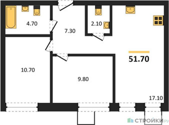Планировка двухкомнатной(квартира) площадью 51.7 квадратных метров в ЖК “ЖК Никольский квартал Отрада”