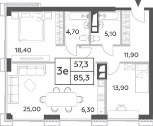 Планировка трехкомнатной(квартира) площадью 85.3 квадратных метров в ЖК “ЖК Will Towers (Вилл Тауэрс)”