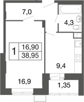 Планировка однокомнатной(квартира) площадью 38.95 квадратных метров в “ЖК Времена года”