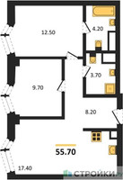 Планировка двухкомнатной(квартира) площадью 55.7 квадратных метров в “ICE TOWERS (Айс Тауэрс)”