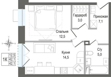 Планировка однокомнатной(квартира) площадью 42.1 квадратных метров в ЖК “ЖК КИНОКВАРТАЛ”