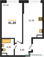 Планировка однокомнатной(квартира) площадью 41.2 квадратных метров в “ЖК Прокшино”