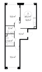 Планировка двухкомнатной(квартира) площадью 60.2 квадратных метров в ЖК “ЖК Переделкино Ближнее”