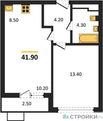 Планировка однокомнатной(квартира) площадью 41.9 квадратных метров в ЖК “ЖК Бунинские кварталы”