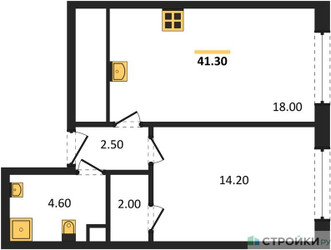 Планировка однокомнатной(квартира) площадью 41.3 квадратных метров в ЖК “ЖК Обручева 30”