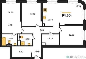 Планировка трехкомнатной(квартира) площадью 94.5 квадратных метров в ЖК “ЖК STONE Sokolniki (Сокольники)”
