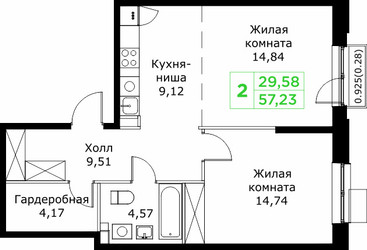 Планировка двухкомнатной(квартира) площадью 57.23 квадратных метров в ЖК “ЖК КИТ 2”