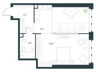 Планировка однокомнатной(квартира) площадью 52.1 квадратных метров в ЖК “ЖК Левел Южнопортовая”