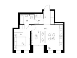 Планировка однокомнатной(квартира) площадью 43 квадратных метров в “ЖК Строгино 360”