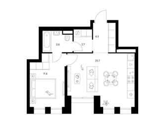 Планировка однокомнатной(квартира) площадью 43 квадратных метров в ЖК “ЖК Строгино 360”