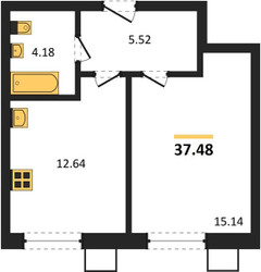 Планировка однокомнатной(квартира) площадью 37.48 квадратных метров в ЖК “ЖК Бархат”