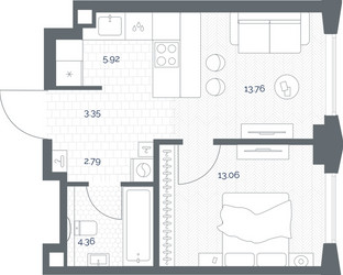 Планировка однокомнатной(квартира) площадью 41.02 квадратных метров в ЖК “ЖК TATE (Тэйт)”