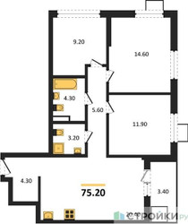 Планировка трехкомнатной(квартира) площадью 75.2 квадратных метров в ЖК “ЖК Деснаречье”