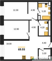 Планировка двухкомнатной(квартира) площадью 69.93 квадратных метров в “ЖК Republic (Репаблик)”