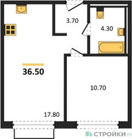 Планировка однокомнатной(квартира) площадью 36.5 квадратных метров в “ЖК Равновесие”