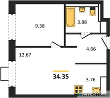 Планировка однокомнатной(квартира) площадью 34.35 квадратных метров в “ЖК Прибрежный Парк”