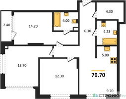 Планировка трехкомнатной(квартира) площадью 79 квадратных метров в “Жилой район Alia (Алиа)”