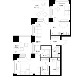 Планировка двухкомнатной(квартира) площадью 77.56 квадратных метров в ЖК “ЖК НОВА”