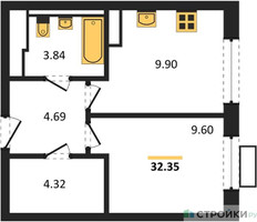 Планировка однокомнатной(квартира) площадью 32.35 квадратных метров в “ЖК Пятницкие луга”