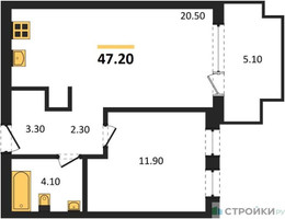 Планировка однокомнатной(квартира) площадью 47.2 квадратных метров в “ЖК Дом А”