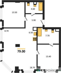 Планировка двухкомнатной(квартира) площадью 79 квадратных метров в ЖК “ЖК АУРА”
