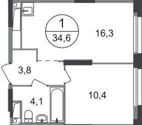 Планировка однокомнатной(квартира) площадью 34.6 квадратных метров в ЖК “ЖК Первый Московский”