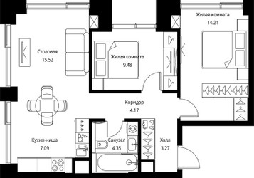 Планировка двухкомнатной(квартира) площадью 58.09 квадратных метров в ЖК “ЖК Сити Бэй”